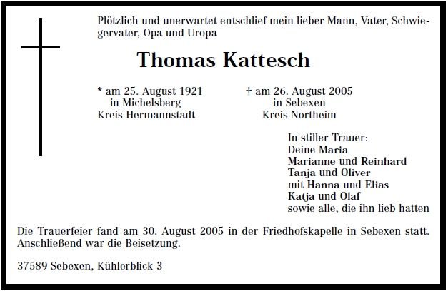 Kattesch Thomas 1921-2005 Todesanzeige